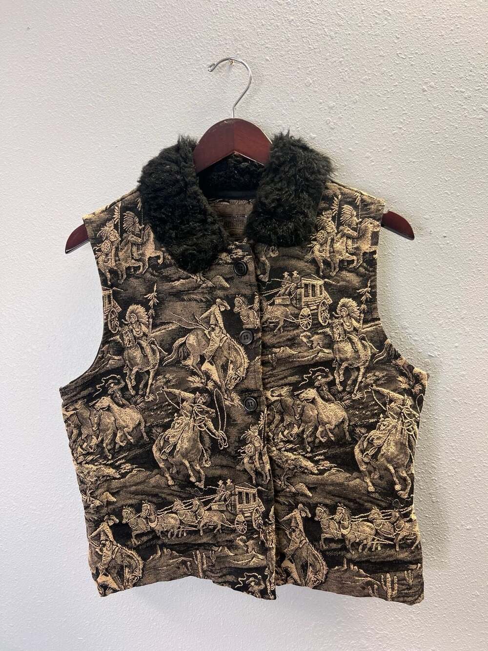 Vintage Roughrider Circle T Western Tapestry Faux Fur Collar Vest Medium 0535